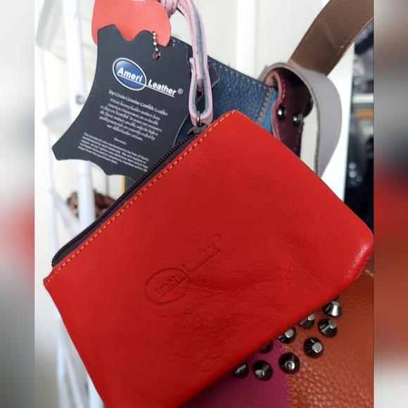 AMERICAN LEATHER STUNNING Colorful Patchwork Studded Tote Bag and Pouch NWT - Picture 5 of 6